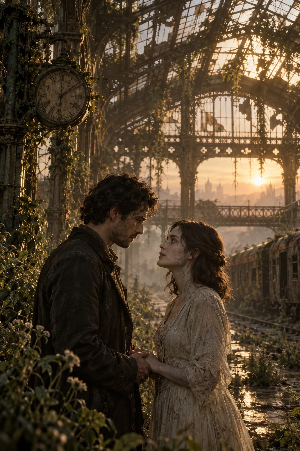 Fictional adult lovers reunited in a sunlit abandoned station